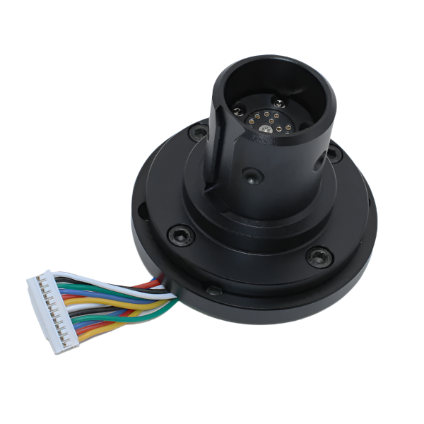 Black mechanical component with wiring on a white background